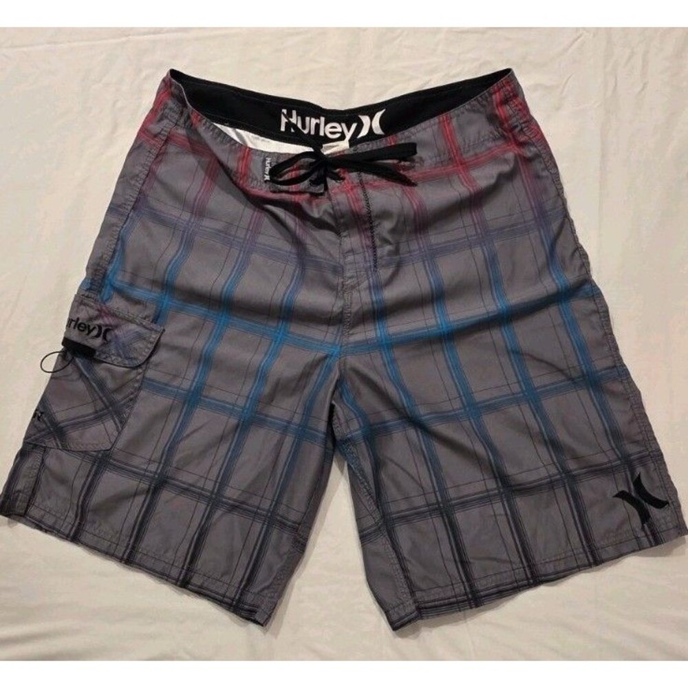 Hurley Board Shorts Puerto Rico Blend Sz 36  Gray Plaid With Blue & Red